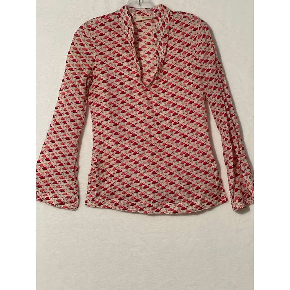 Tory Burch Flamingo Print V-Neck Tunic Blouse Pink Cream Long Sleeve Size 0